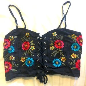 Black floral linen embroidered crop top size S
